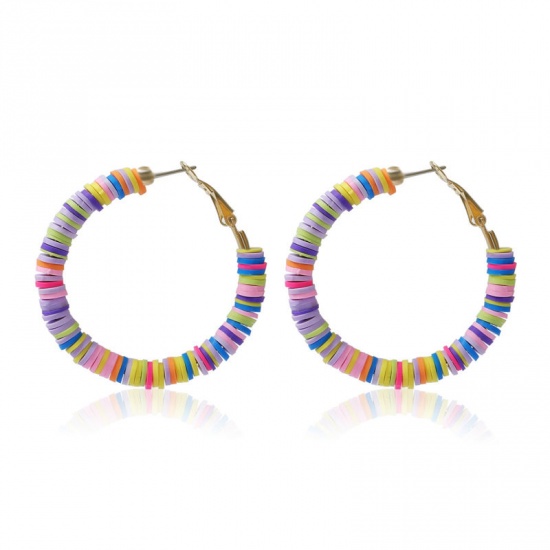 Picture of Polymer Clay Boho Chic Bohemia Hoop Earrings At Random Color Circle Ring 5cm Dia, 1 Pair