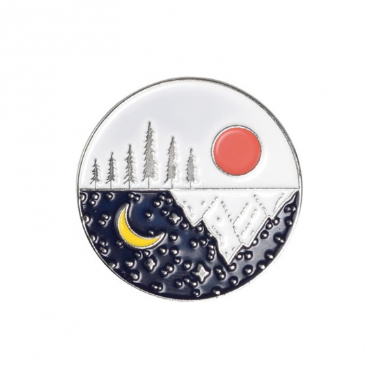 Picture of Pin Brooches Round Moon Multicolor Enamel 30mm x 30mm, 1 Piece