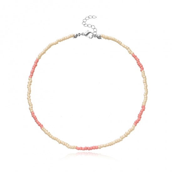 Picture of Glass Boho Chic Bohemia Beaded Choker Necklace Light Pink 35cm(13 6/8") long, 1 Piece