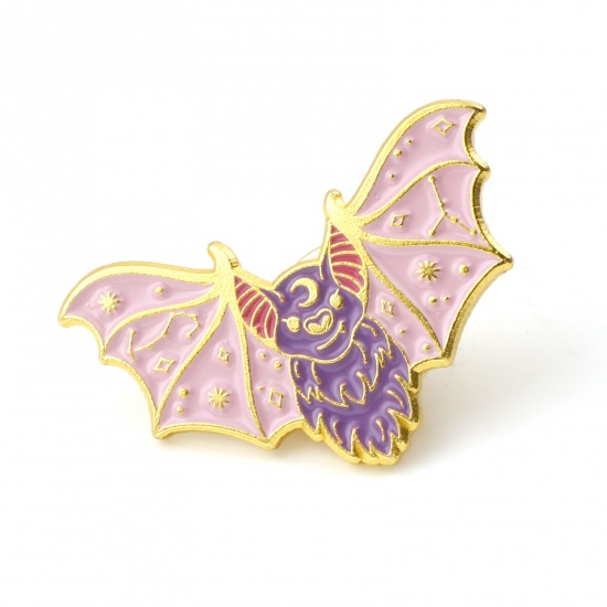 Picture of Pin Brooches Halloween Bat Animal Gold Plated Pink & Fuchsia Enamel 31mm x 18mm, 1 Piece