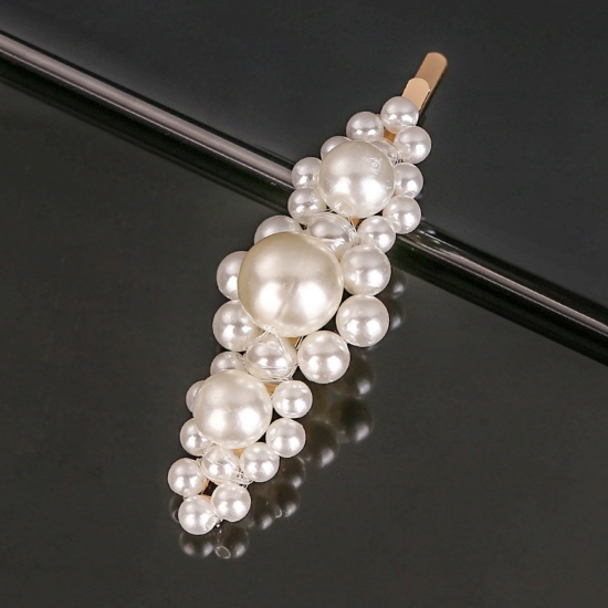 Picture of Zinc Based Alloy & Acrylic Hair Clips Gold Plated White Flower Imitation Pearl 9cm, 1 Piece