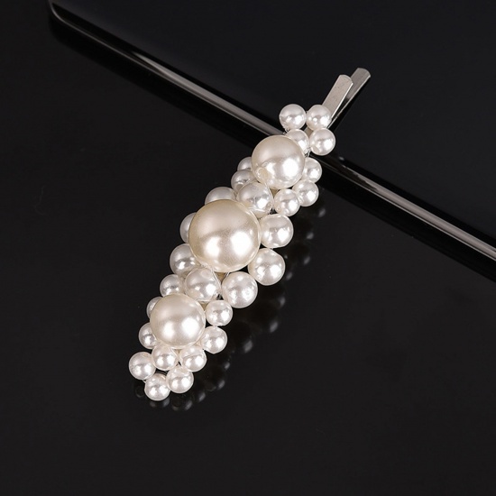 Picture of Zinc Based Alloy & Acrylic Hair Clips Silver Tone White Flower Imitation Pearl 9cm, 1 Piece