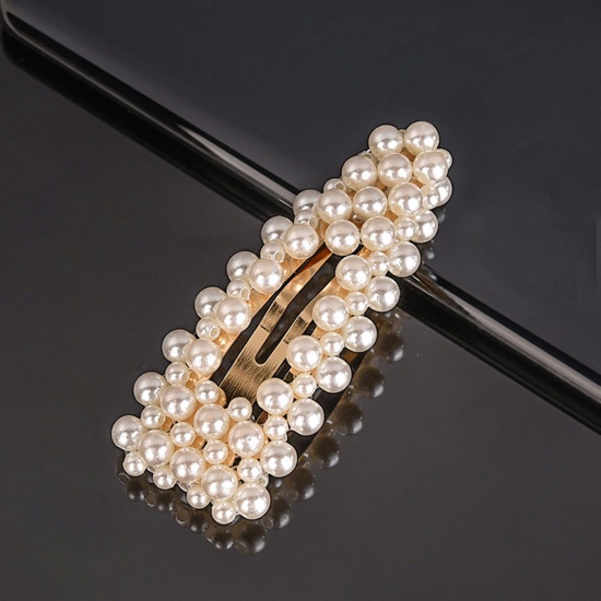 Picture of Zinc Based Alloy & Acrylic Hair Clips Gold Plated White Imitation Pearl 9cm, 1 Piece