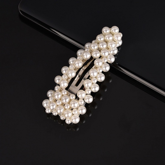 Picture of Zinc Based Alloy & Acrylic Hair Clips Silver Tone White Imitation Pearl 9cm, 1 Piece