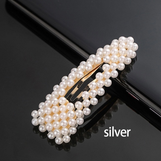 Picture of Zinc Based Alloy & Acrylic Hair Clips Silver Tone White Drop Imitation Pearl 8cm, 1 Piece