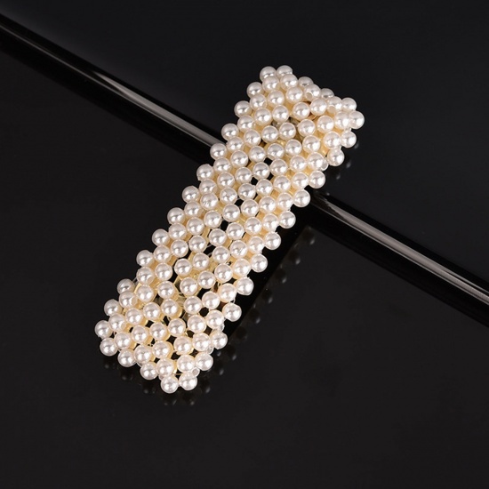 Picture of Zinc Based Alloy & Acrylic Hair Clips Gold Plated White Rectangle Imitation Pearl 8cm, 1 Piece