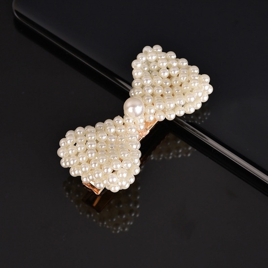 Picture of Zinc Based Alloy & Acrylic Hair Clips Gold Plated White Bowknot Imitation Pearl 6.5cm, 1 Piece