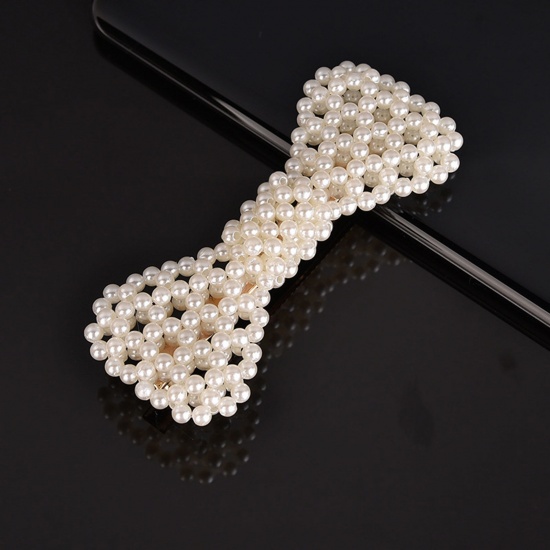 Picture of Zinc Based Alloy & Acrylic Hair Clips Gold Plated White Bowknot Imitation Pearl 8cm, 1 Piece