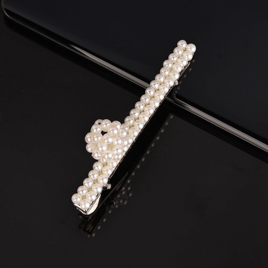 Picture of Zinc Based Alloy & Acrylic Hair Clips Silver Tone White Ball Imitation Pearl 9.5cm, 1 Piece