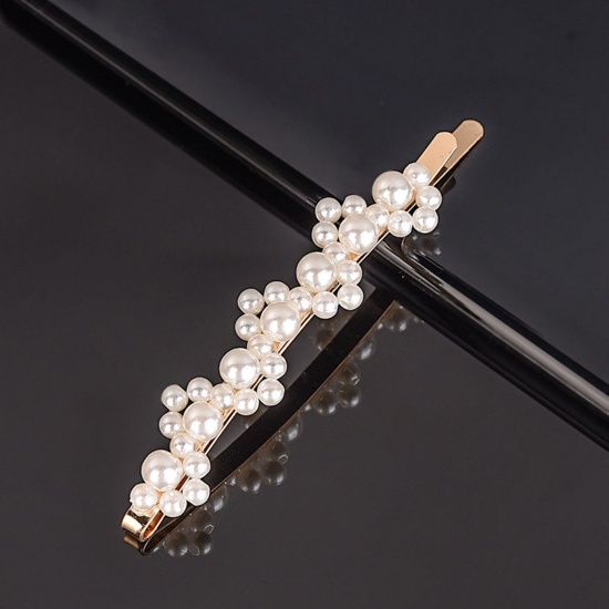 Picture of Zinc Based Alloy & Acrylic Hair Clips Gold Plated White Flower Imitation Pearl 9.5cm, 1 Piece