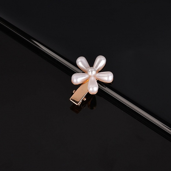 Picture of Zinc Based Alloy & Acrylic Hair Clips Gold Plated White Plum Blossom Imitation Pearl 2.5cm, 1 Piece