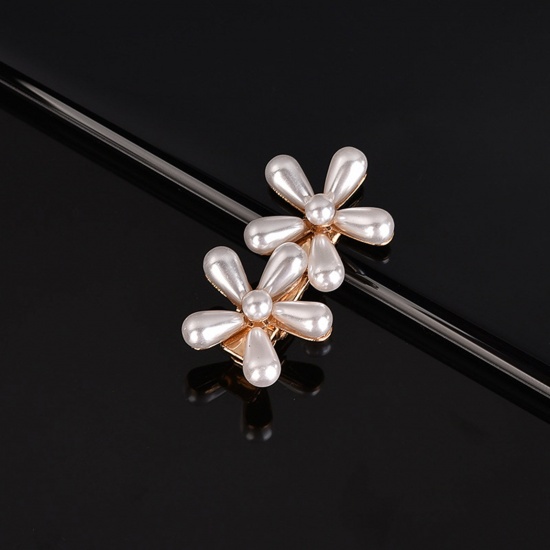 Picture of Zinc Based Alloy & Acrylic Hair Clips Gold Plated White Plum Blossom Imitation Pearl 4cm, 1 Piece