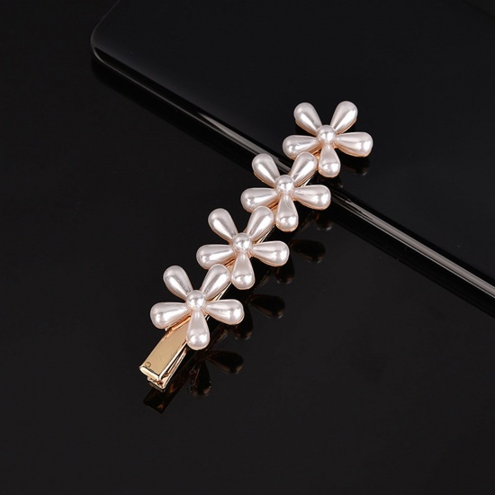 Picture of Zinc Based Alloy & Acrylic Hair Clips Gold Plated White Plum Blossom Imitation Pearl 9.5cm, 1 Piece