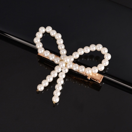 Picture of Zinc Based Alloy & Acrylic Hair Clips Gold Plated White Bowknot Imitation Pearl 6cm, 1 Piece