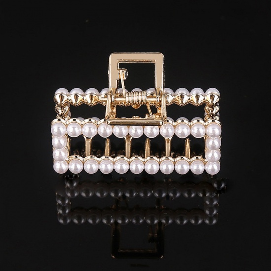 Image de Pinces à Cheveux en Alliage de Zinc+Acrylique Doré Blanc Rectangle Imitation Perles 5cm, 1 Pièce