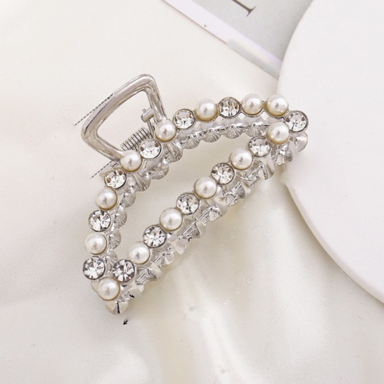 Image de Pinces à Cheveux en Alliage de Zinc+Acrylique Argent Mat Blanc Demi Lune à Strass Transparent Imitation Perles 7.7cm, 1 Pièce