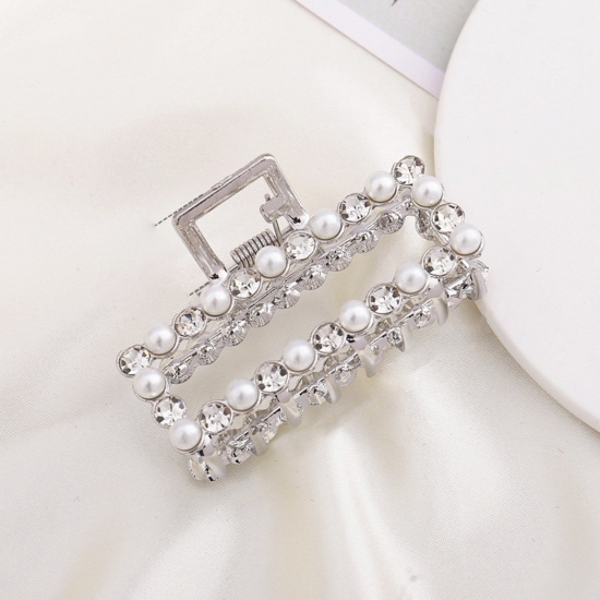 Image de Pinces à Cheveux en Alliage de Zinc+Acrylique Argent Mat Blanc Rectangle à Strass Transparent Imitation Perles 7cm, 1 Pièce