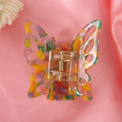 Bild von Acryl Haarklammer Gelbgrün Schmetterling Gefälle Tie-Dye 6cm x 4.5cm, 1 Stück