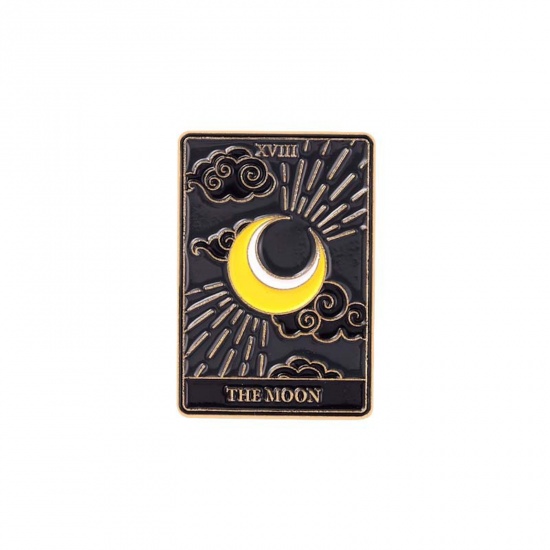 Picture of Zinc Based Alloy Tarot Pin Brooches Rectangle Moon Message " THE MOON " Black & Yellow Enamel 30mm x 21mm, 1 Piece