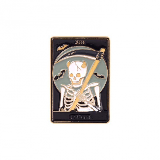 Picture of Zinc Based Alloy Tarot Pin Brooches Rectangle Skeleton Skull Message " DEATH " Multicolor Enamel 30mm x 21mm, 1 Piece