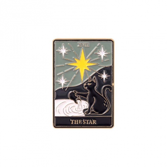 Picture of Zinc Based Alloy Tarot Pin Brooches Rectangle Cat Message " THE STAR " Multicolor Enamel 30mm x 21mm, 1 Piece