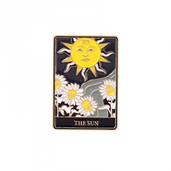Immagine di Lega di Zinco Tarocchi Spilla Rettangolo Fiore Lettere " THE SUN " Multicolore Smalto 30mm x 21mm, 1 Pz