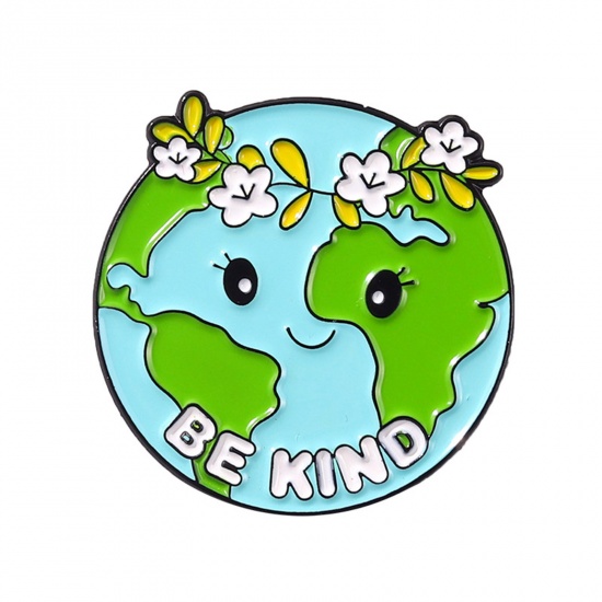 Picture of Zinc Based Alloy Pin Brooches Planet Earth Round Message " BE KIND " Blue & Green Enamel 28mm x 28mm, 1 Piece