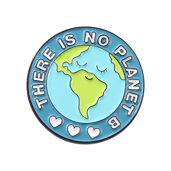 Picture of Zinc Based Alloy Environmental Protection Pin Brooches Planet Earth Round Message " THERE IS NO PLANET " Blue & Green Enamel 28mm Dia., 1 Piece