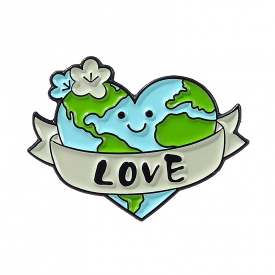 Picture of Zinc Based Alloy Environmental Protection Pin Brooches Planet Earth Heart Message " LOVE " Blue & Green Enamel 28mm x 21mm, 1 Piece
