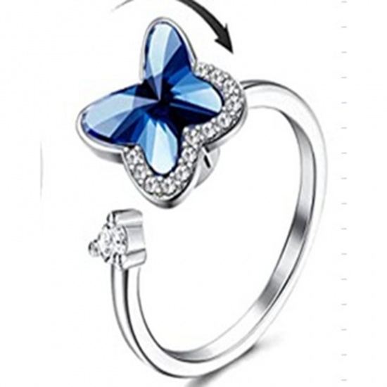 Picture of Open Adjustable Fidget Anxiety Rings for Women Adjustable Open Ring Stress Relief Stackable Rings Silver Tone Rotatable Butterfly Animal Blue Cubic Zirconia 1 Piece