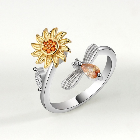 Picture of Open Adjustable Fidget Anxiety Rings for Women Adjustable Open Ring Stress Relief Stackable Rings Silver Tone Rotatable Sunflower Orange Cubic Zirconia 1 Piece