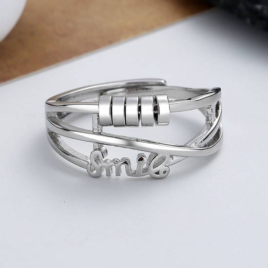 Picture of Open Adjustable Anxiety Ring with Beads Spinner Ring for Anxiety Spinning Ring Silver Tone Multilayer Geometric Message " SMILE " 1 Piece