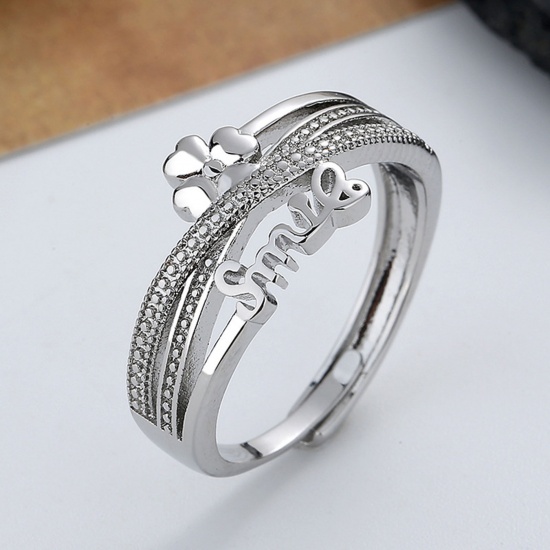 Picture of Open Adjustable Anxiety Ring with Beads Spinner Ring for Anxiety Spinning Ring Silver Tone Multilayer Geometric Message " SMILE " 1 Piece