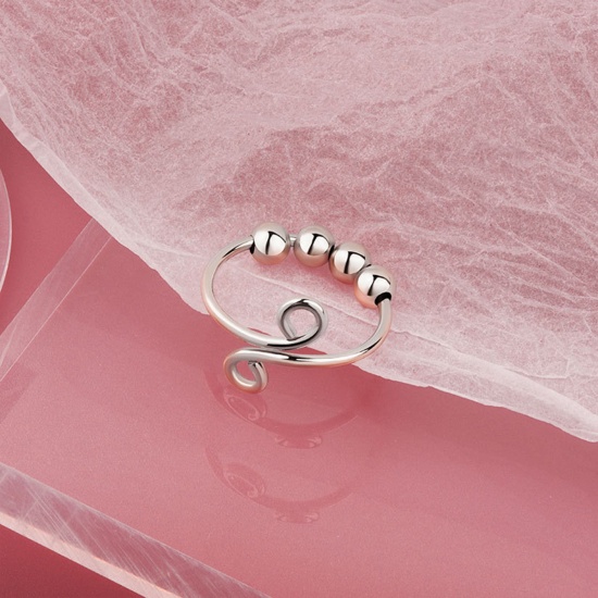 Picture of Open Adjustable Anxiety Ring with Beads Spinner Ring for Anxiety Spinning Ring Silver Tone Spiral 1 Piece