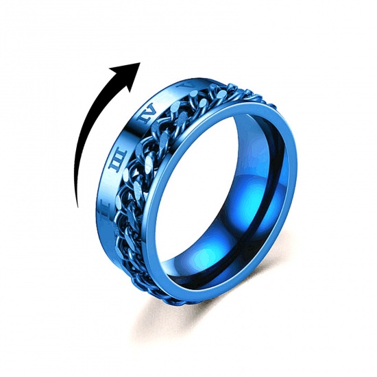 Picture of Stainless Steel Unadjustable Anti Anxiety Ring Blue Rotatable Roman Numerals 20.6mm(US Size 11), 1 Piece