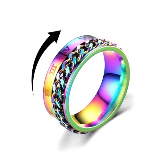 Picture of Stainless Steel Unadjustable Anti Anxiety Ring Multicolor Rotatable Roman Numerals 16.5mm(US Size 6), 1 Piece