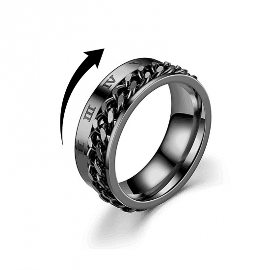 Picture of Stainless Steel Unadjustable Anti Anxiety Ring Black Rotatable Roman Numerals 17.3mm(US Size 7), 1 Piece