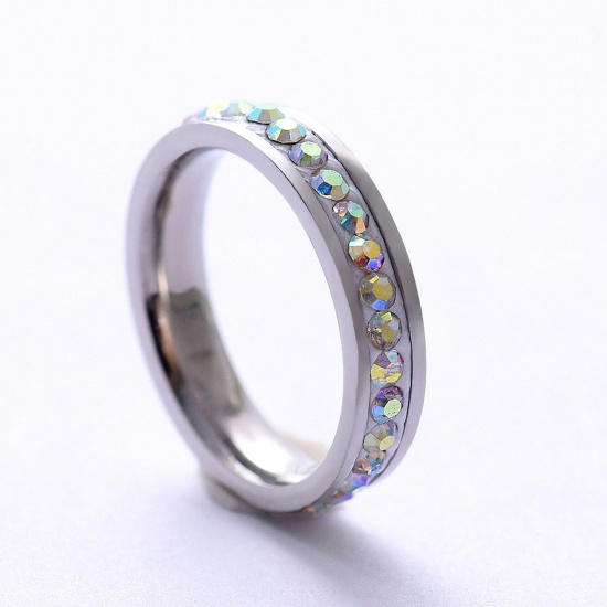 Picture of 201 Stainless Steel Micro Pave Unadjustable Rings Silver Tone AB Color Rhinestone 20.6mm(US Size 11), 1 Piece