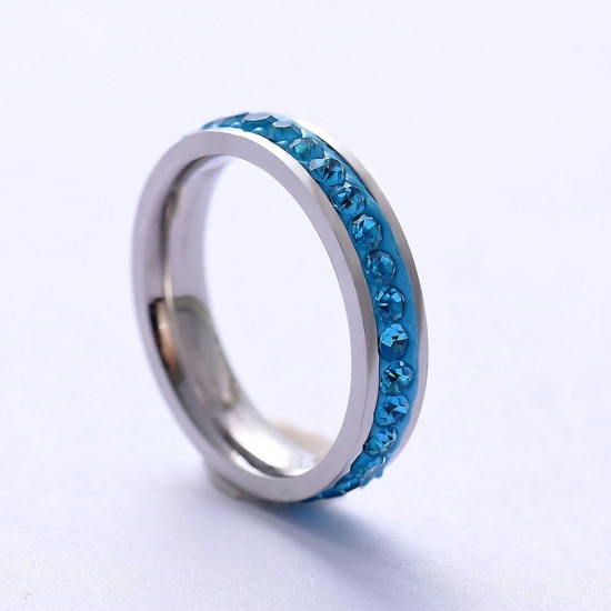 Picture of 201 Stainless Steel Micro Pave Unadjustable Rings Silver Tone Blue Rhinestone 21.4mm(US Size 12), 1 Piece
