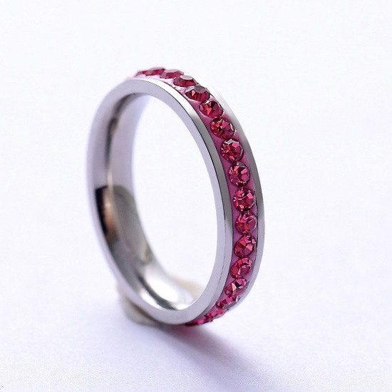 Picture of 201 Stainless Steel Micro Pave Unadjustable Rings Silver Tone Fuchsia Rhinestone 16.5mm(US Size 6), 1 Piece