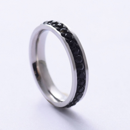 Picture of 201 Stainless Steel Micro Pave Unadjustable Rings Silver Tone Black Rhinestone 16.5mm(US Size 6), 1 Piece