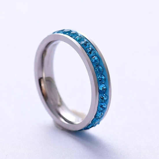 Picture of 201 Stainless Steel Micro Pave Unadjustable Rings Silver Tone Blue Rhinestone 18.1mm(US Size 8), 1 Piece