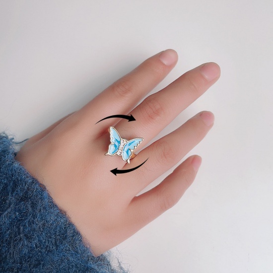 Immagine di Children Kids Open Stress Relieving Anxiety Ring Fidget Spinner Rings Gold Plated Enamel Blue Butterfly Animal 2cm Dia., 1 Piece