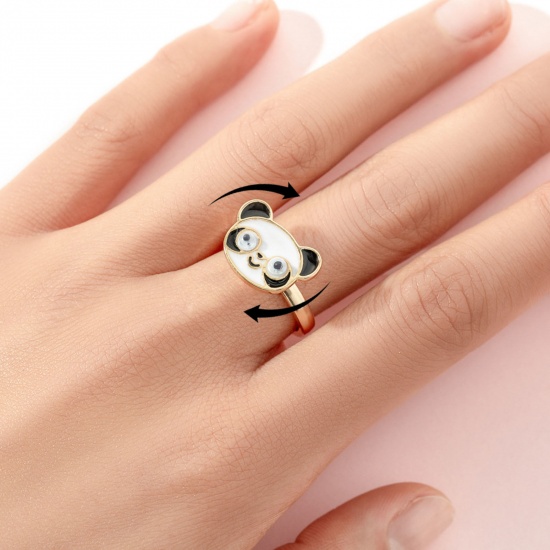 Picture of Children Kids Open Stress Relieving Anxiety Ring Fidget Spinner Rings Gold Plated Enamel White Panda Animal 2cm Dia., 1 Piece