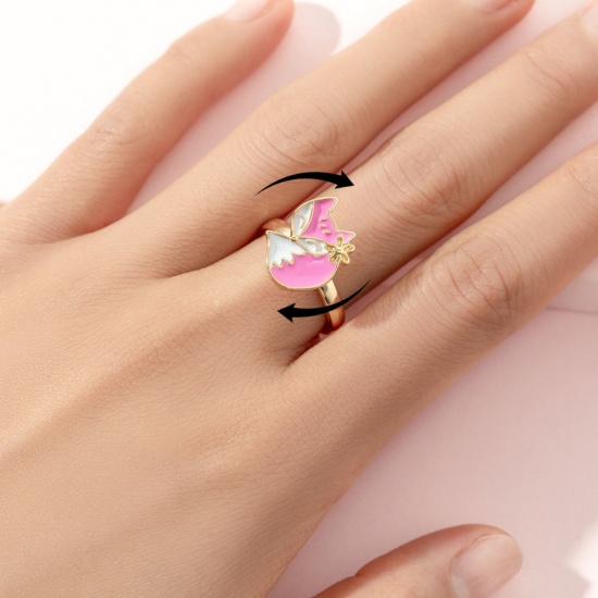 Immagine di Children Kids Open Stress Relieving Anxiety Ring Fidget Spinner Rings Gold Plated Enamel Pink Fox Animal 2cm Dia., 1 Piece