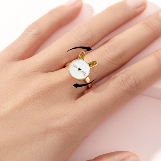 Immagine di Children Kids Open Stress Relieving Anxiety Ring Fidget Spinner Rings Gold Plated Enamel White Rabbit Animal 2cm Dia., 1 Piece