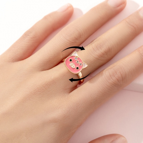Immagine di Children Kids Open Stress Relieving Anxiety Ring Fidget Spinner Rings Gold Plated Enamel Pink Pig Animal 2cm Dia., 1 Piece