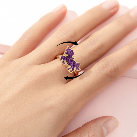 Immagine di Children Kids Open Stress Relieving Anxiety Ring Fidget Spinner Rings Gold Plated Enamel Purple Horse Animal 2cm Dia., 1 Piece