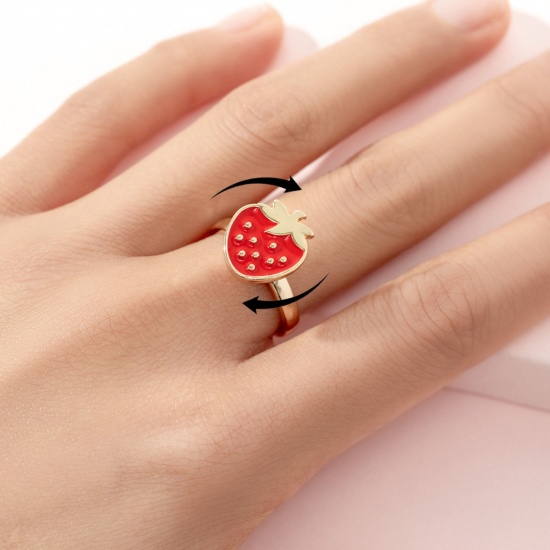 Immagine di Children Kids Open Stress Relieving Anxiety Ring Fidget Spinner Rings Gold Plated Enamel Red Strawberry Fruit 2cm Dia., 1 Piece