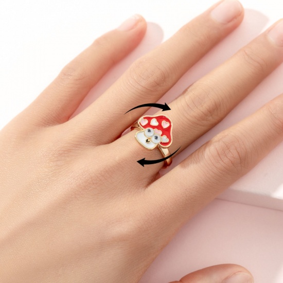 Immagine di Children Kids Open Stress Relieving Anxiety Ring Fidget Spinner Rings Gold Plated Enamel Red Mushroom 2cm Dia., 1 Piece